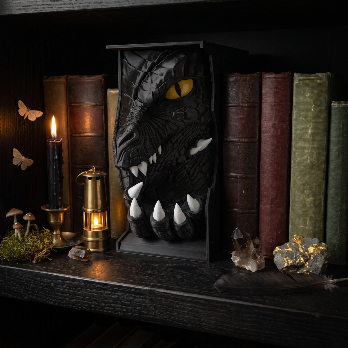 Dragon Claw book nook between old leather books on a candlelit shelf