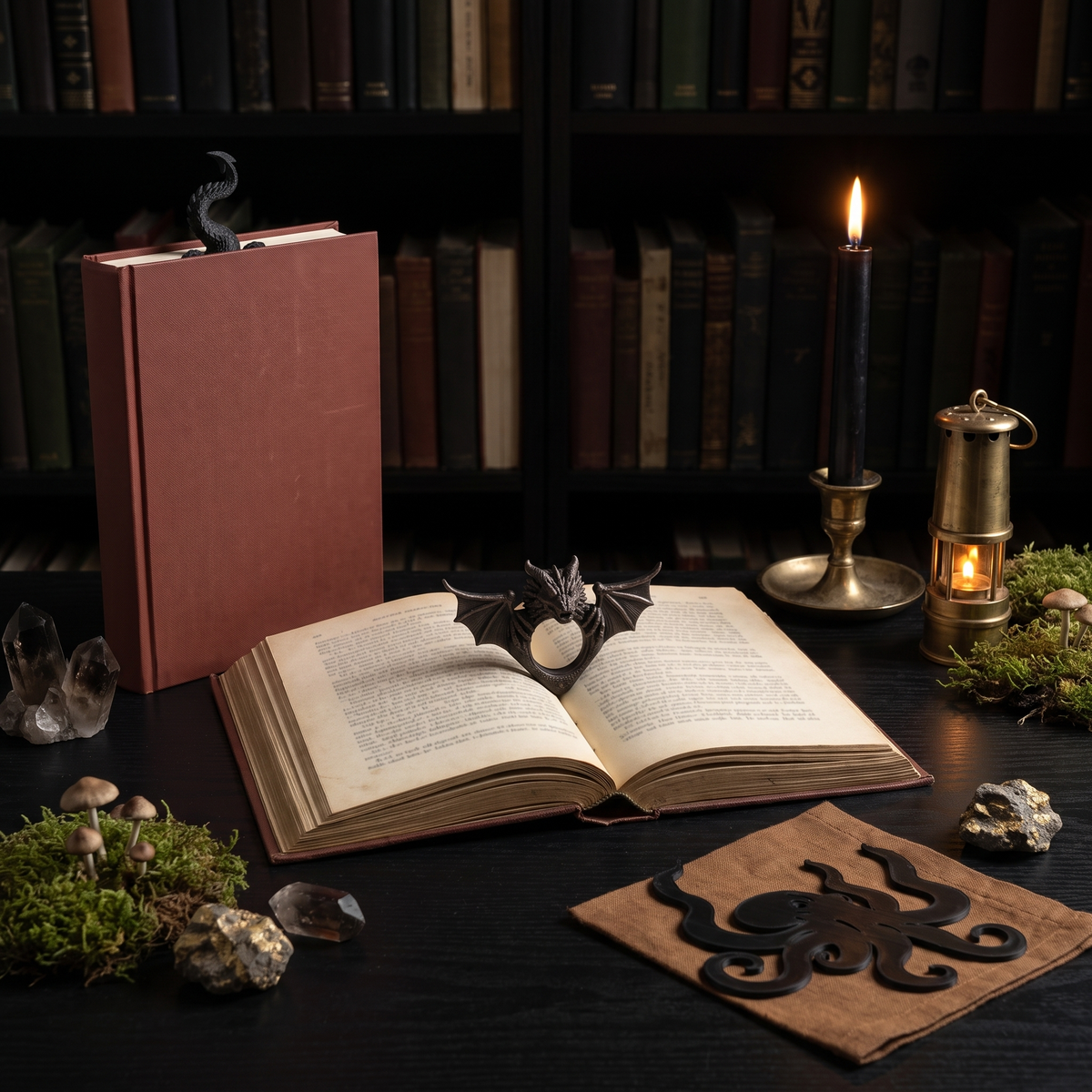 Dragon tail bookmark, dragon page holder and octopus bookmark on a candlelit desk