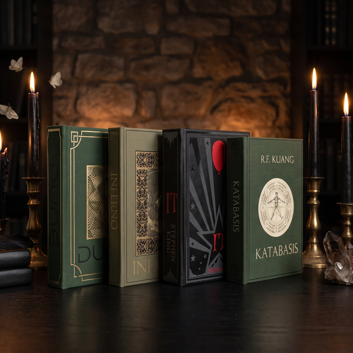 Four custom cloth-bound books standing on a candlelit desk