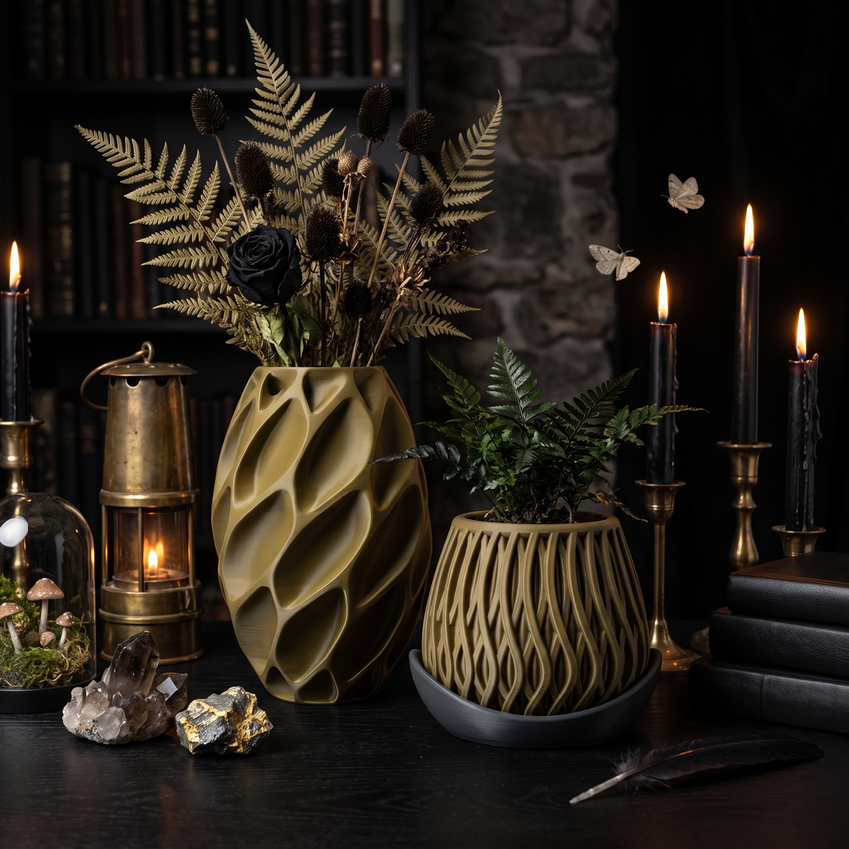 Orelite vase and ribbed planter on a candlelit desk