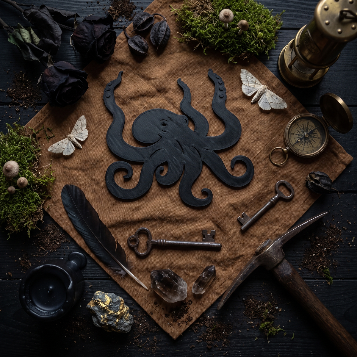 Abyss Dweller 3D-printed black octopus bookmark, overhead flat lay