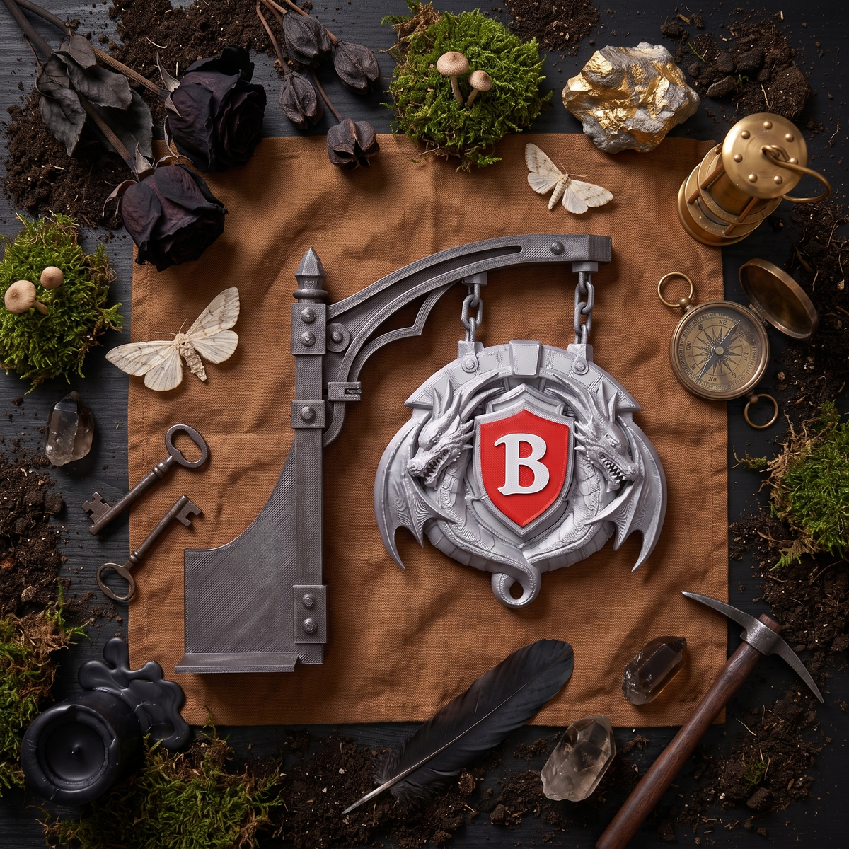 Bookshelf hanger sign with a dragon medallion, overhead flat lay