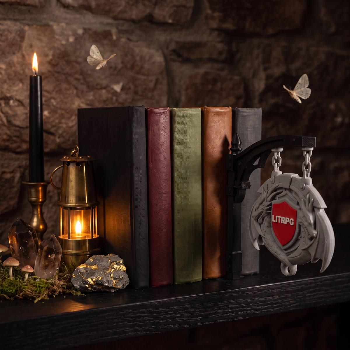 Bookshelf genre hanger sign with a dragon medallion, hanging between books on a shelf