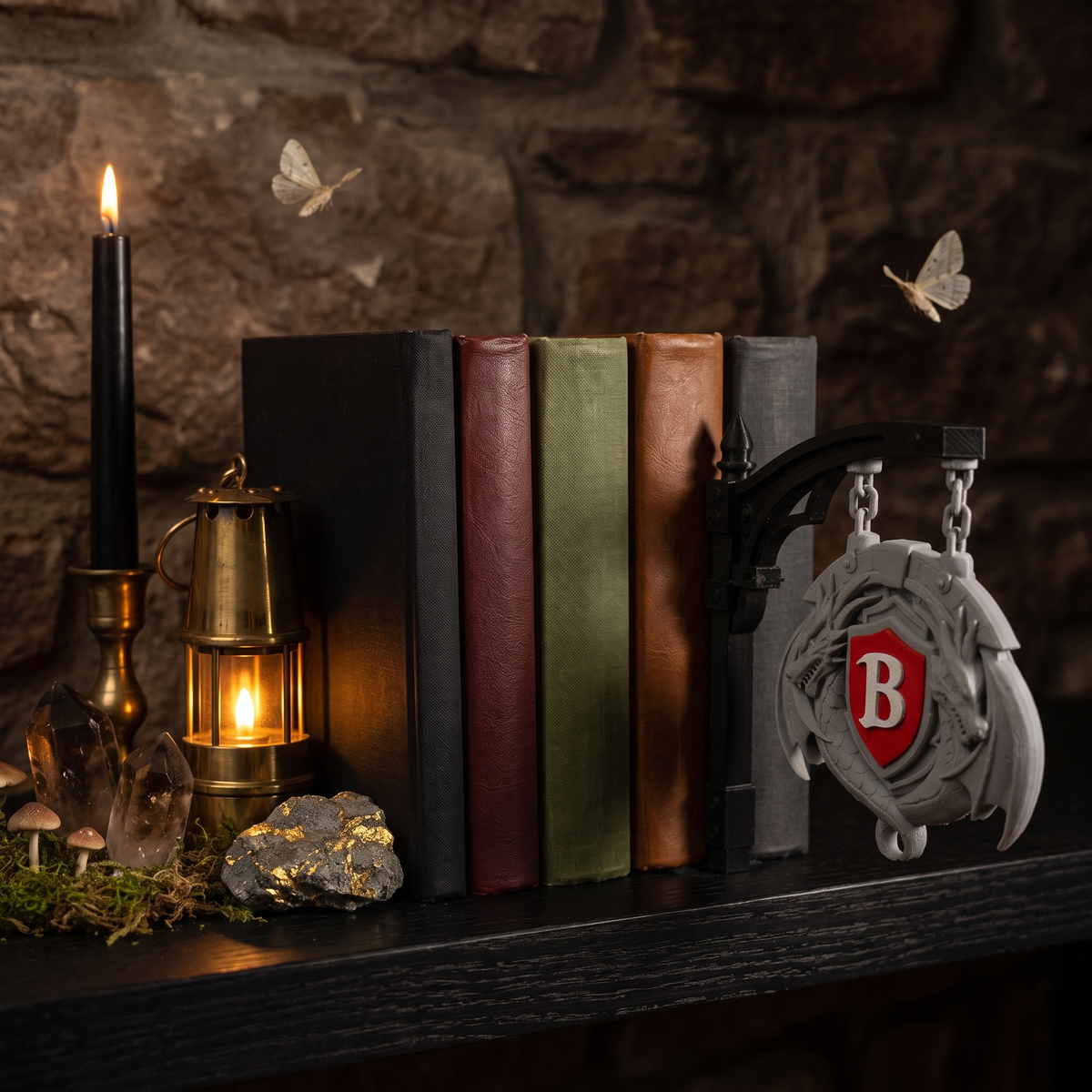 Bookshelf hanger sign with a dragon medallion and the letter B, hanging between books on a shelf