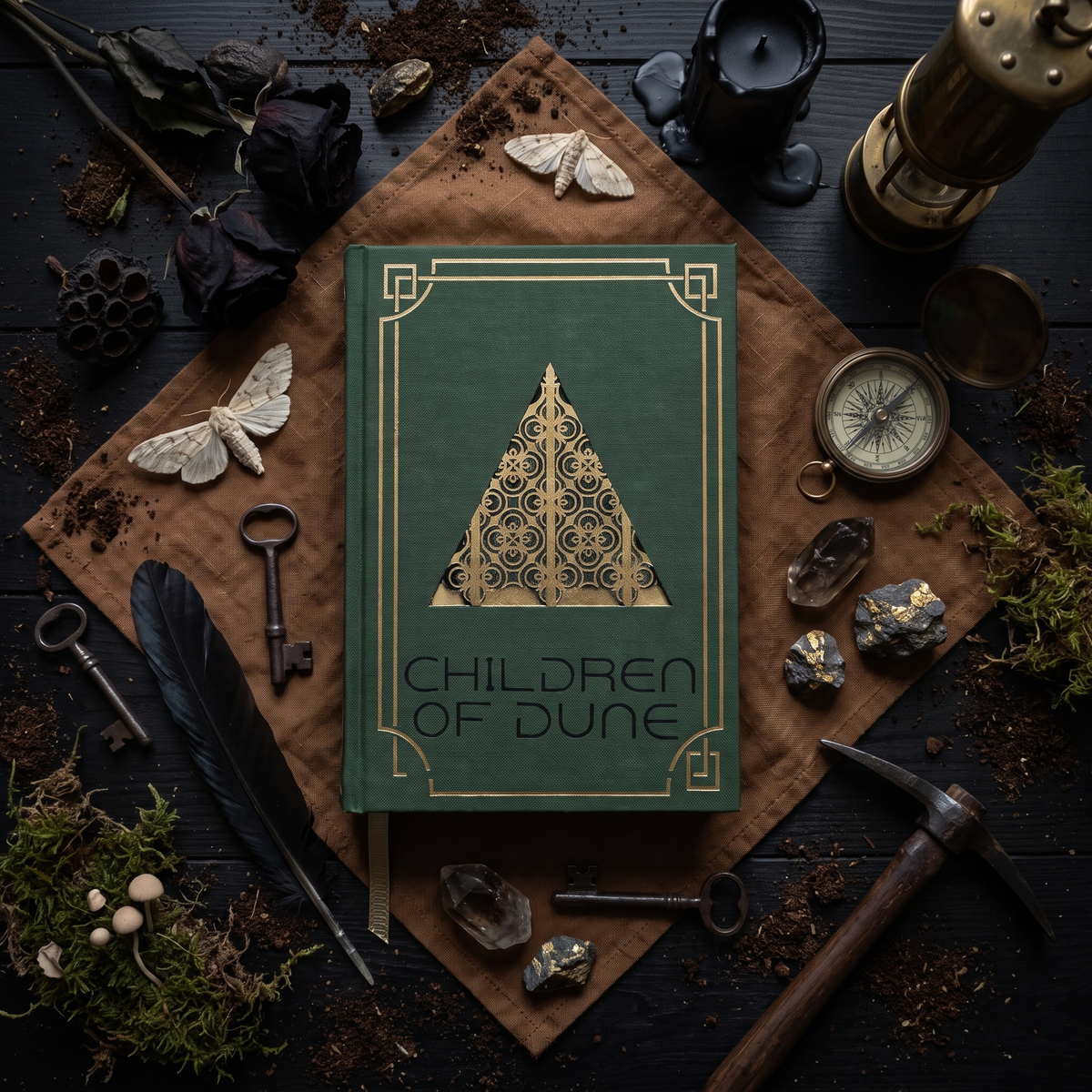 Children of Dune custom cloth-bound book, overhead flat lay on brown linen