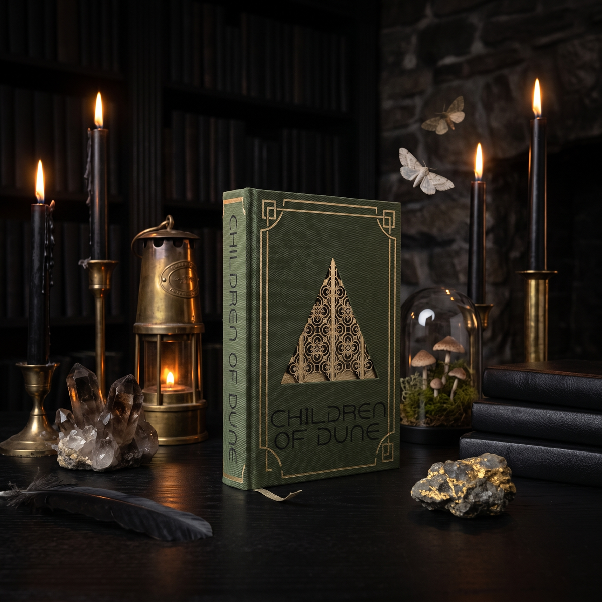 Children of Dune custom cloth-bound book in dark green with gold foil, standing in a dark candlelit study