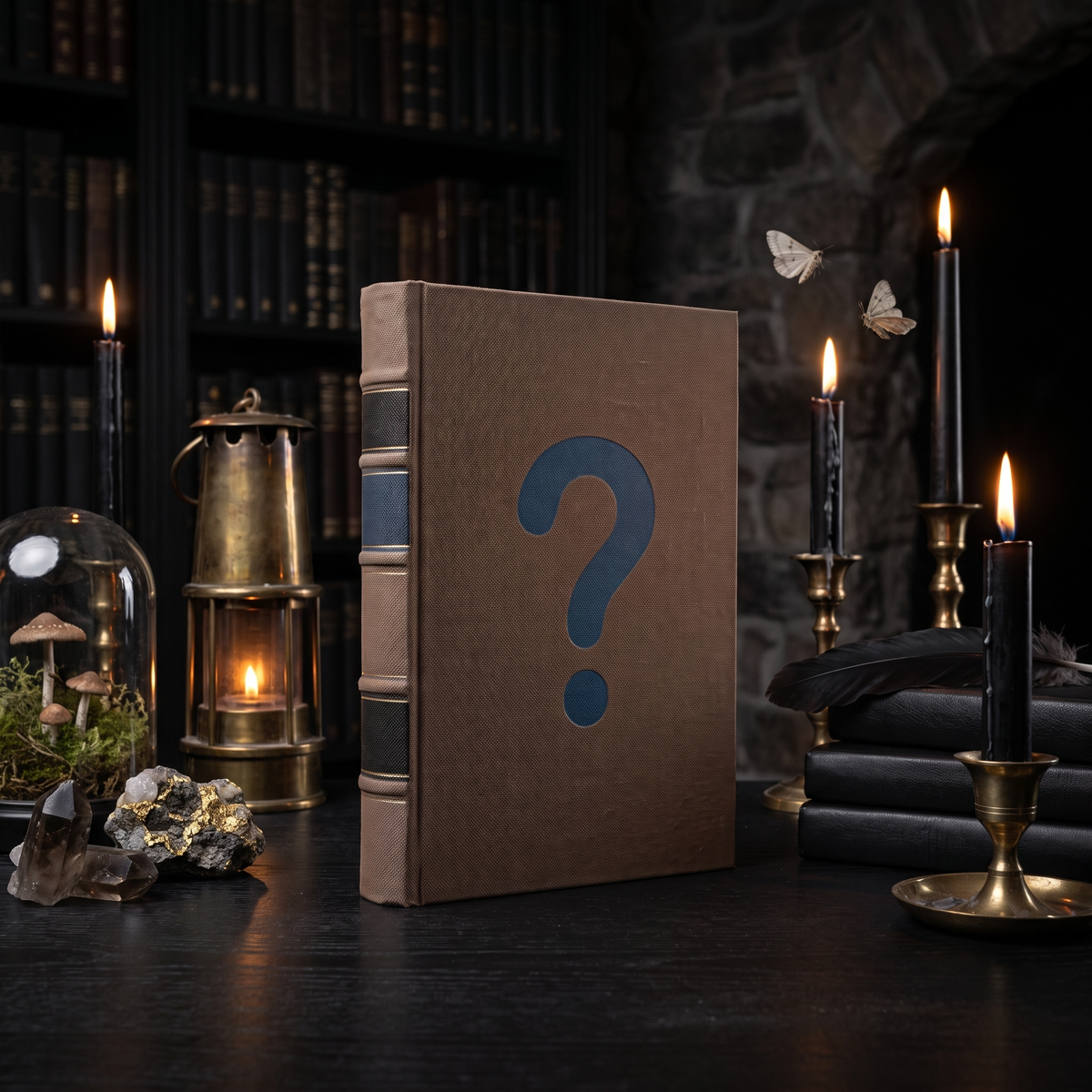 Custom commission cloth-bound book with a question mark cover, standing in a dark candlelit study
