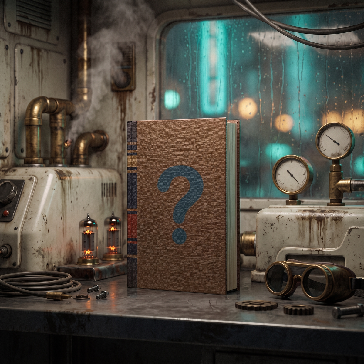 Custom commission cloth-bound book with a question mark cover, standing on a gritty sci-fi workbench