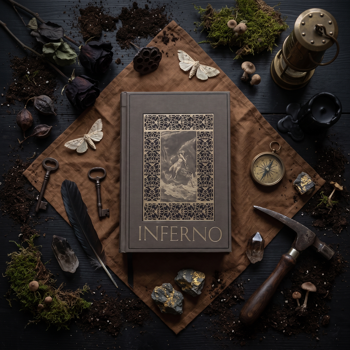 Dante's Inferno custom cloth-bound book, overhead flat lay on brown linen