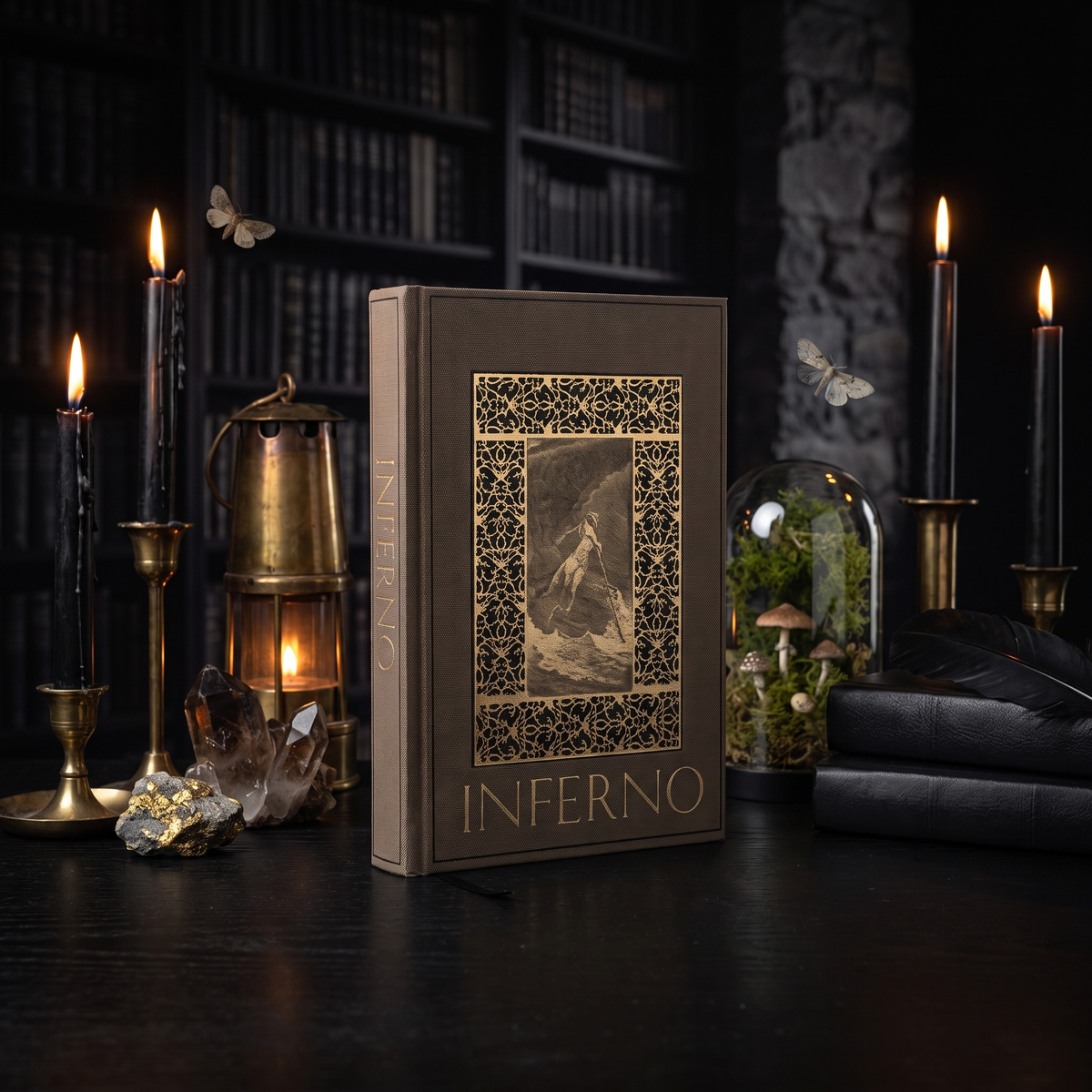 Dante's Inferno custom cloth-bound book with gold foil cover, standing in a dark candlelit study