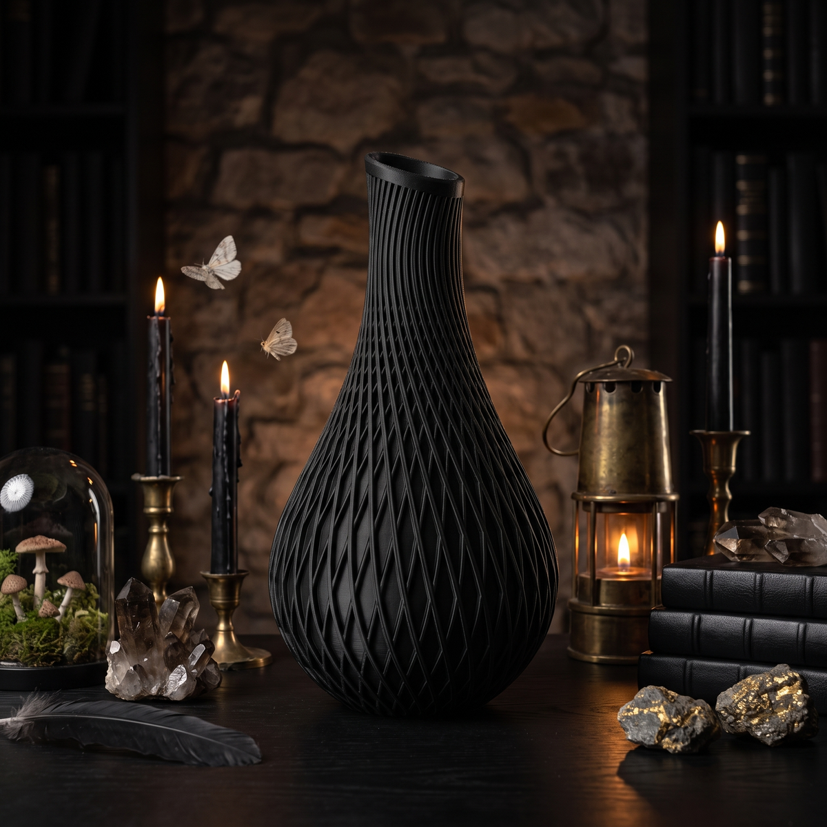 Dark Iron 3D-printed black vase in a dark candlelit study