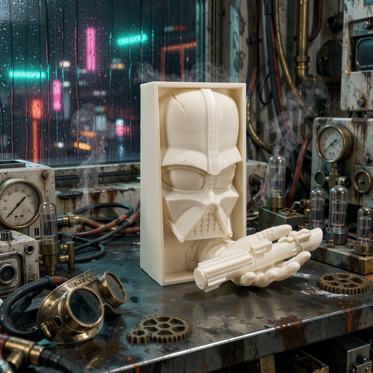 Darth Vader 3D-printed book nook on a gritty sci-fi workbench