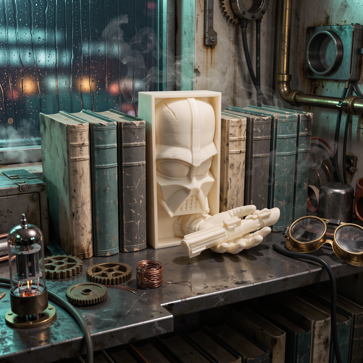 Darth Vader 3D-printed book nook between books on a shelf