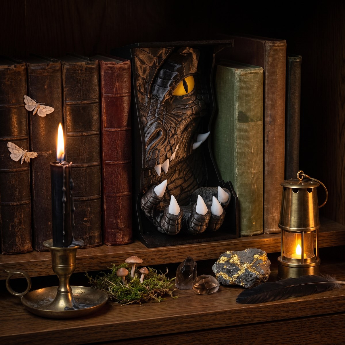 Dragon Claw 3D-printed book nook in golden shimmer between books on a shelf