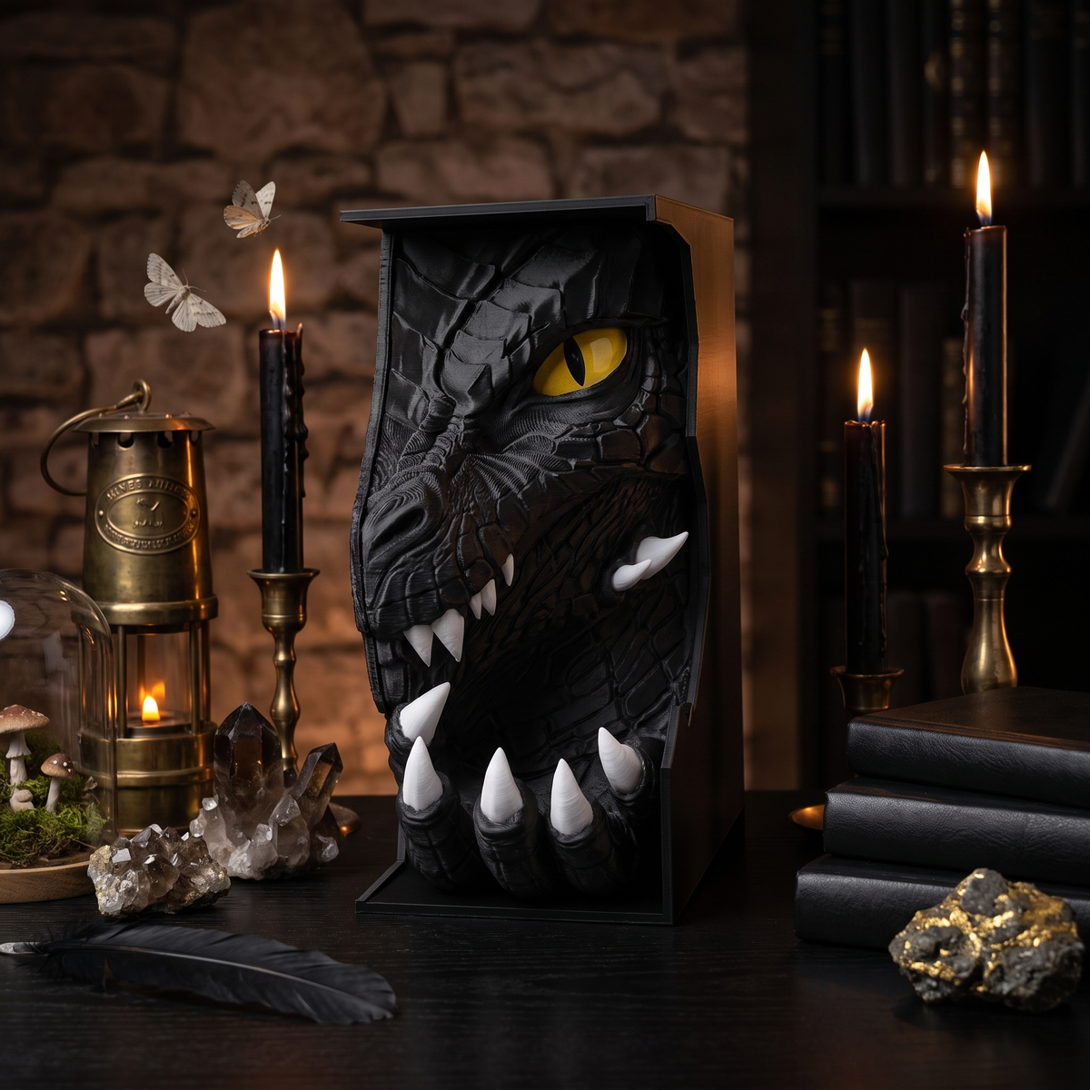 Dragon Claw 3D-printed book nook in matt black in a dark candlelit study