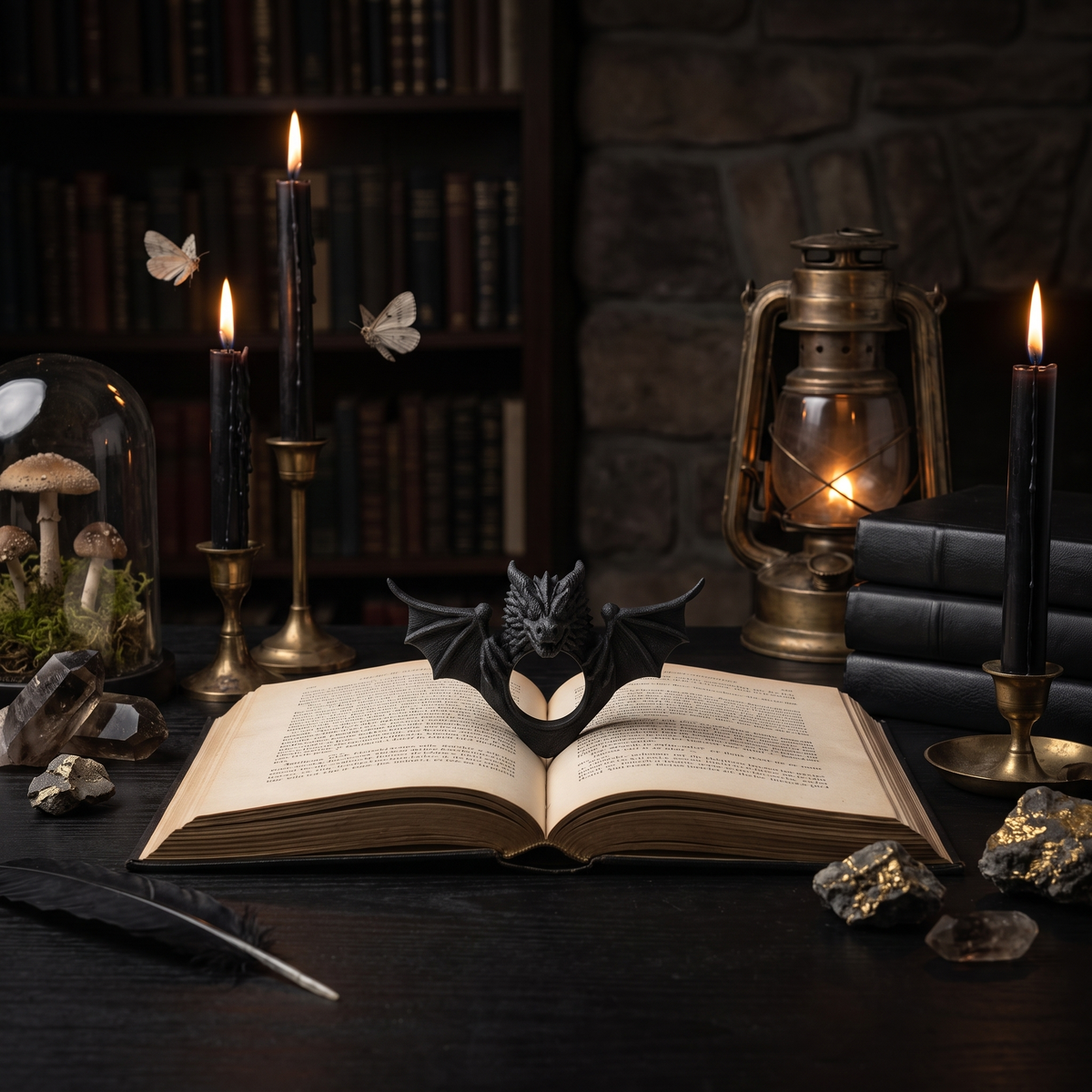 Dragon page holder thumb ring with spread wings in a dark candlelit study