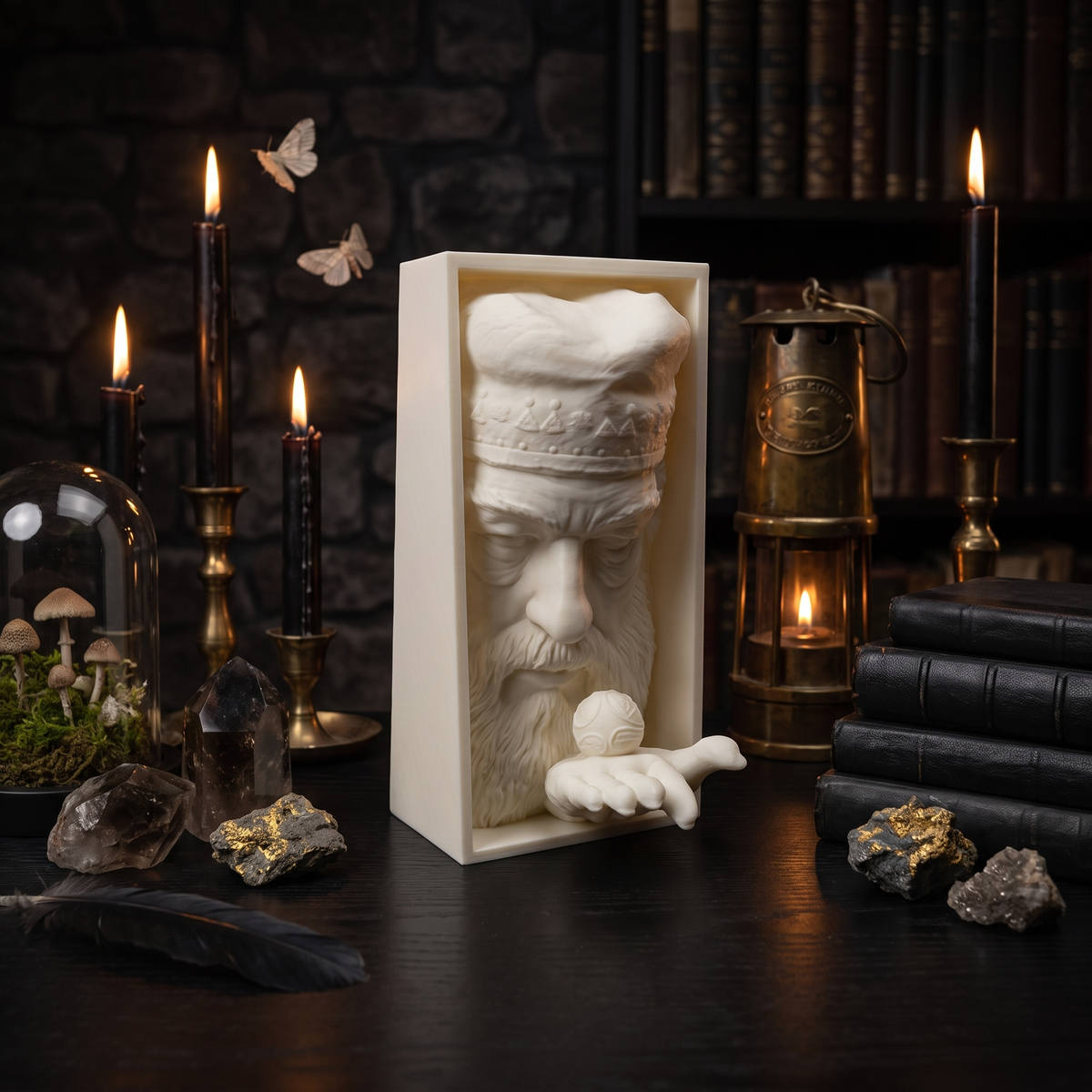 Dumbledore 3D-printed book nook in a dark candlelit study