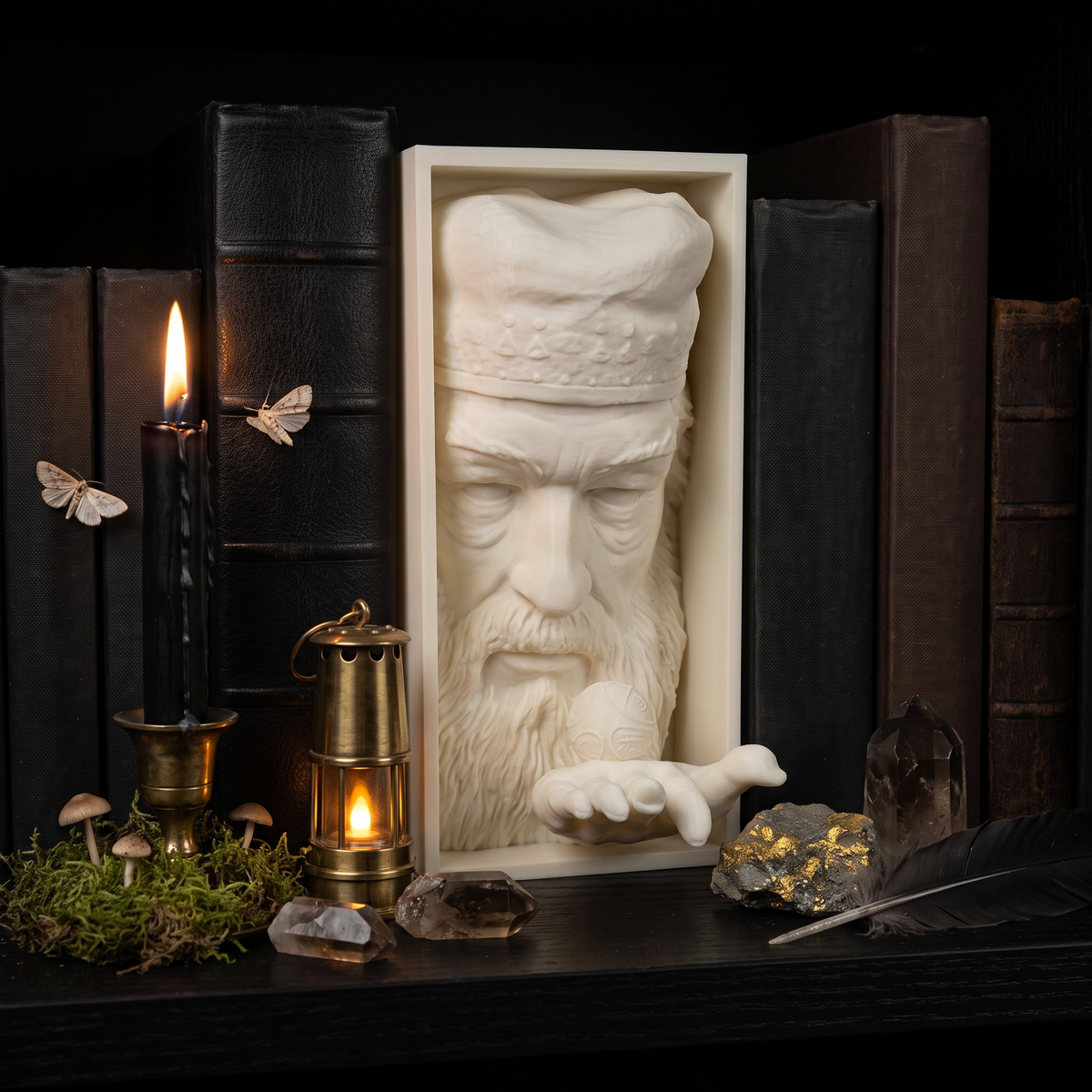 Dumbledore 3D-printed book nook between books on a shelf