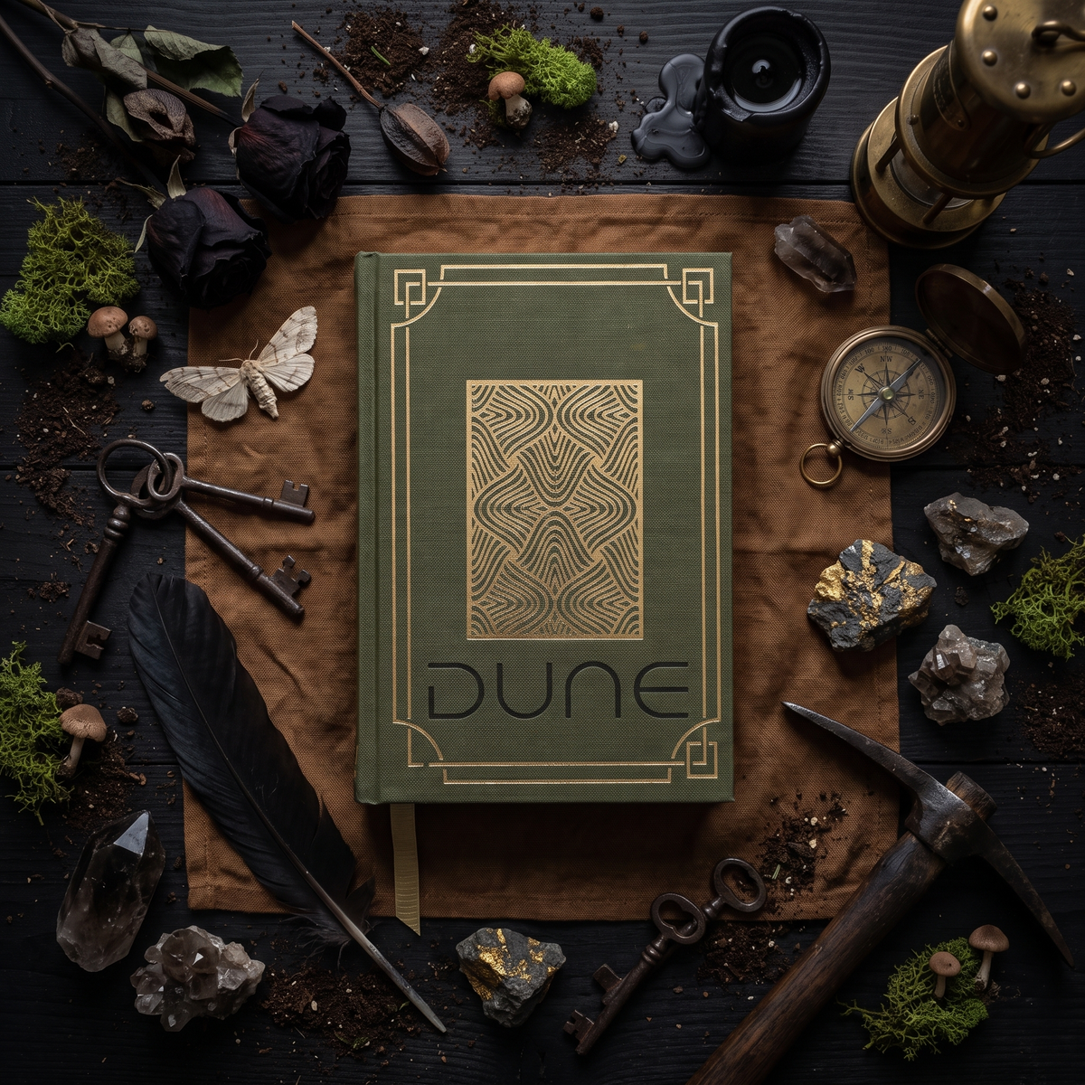 Dune custom cloth-bound book, overhead flat lay on brown linen