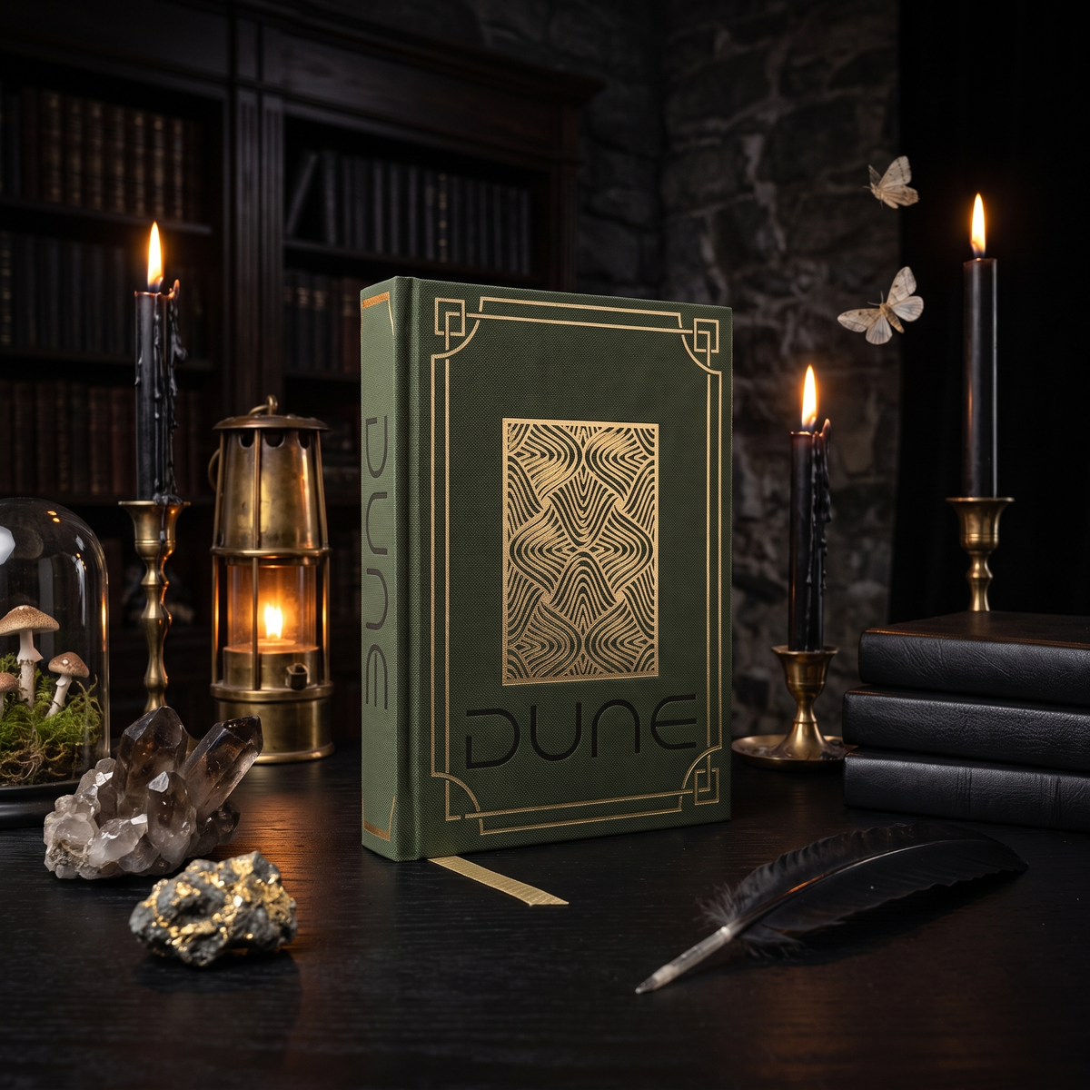 Dune custom cloth-bound book in dark green with gold foil, standing in a dark candlelit study