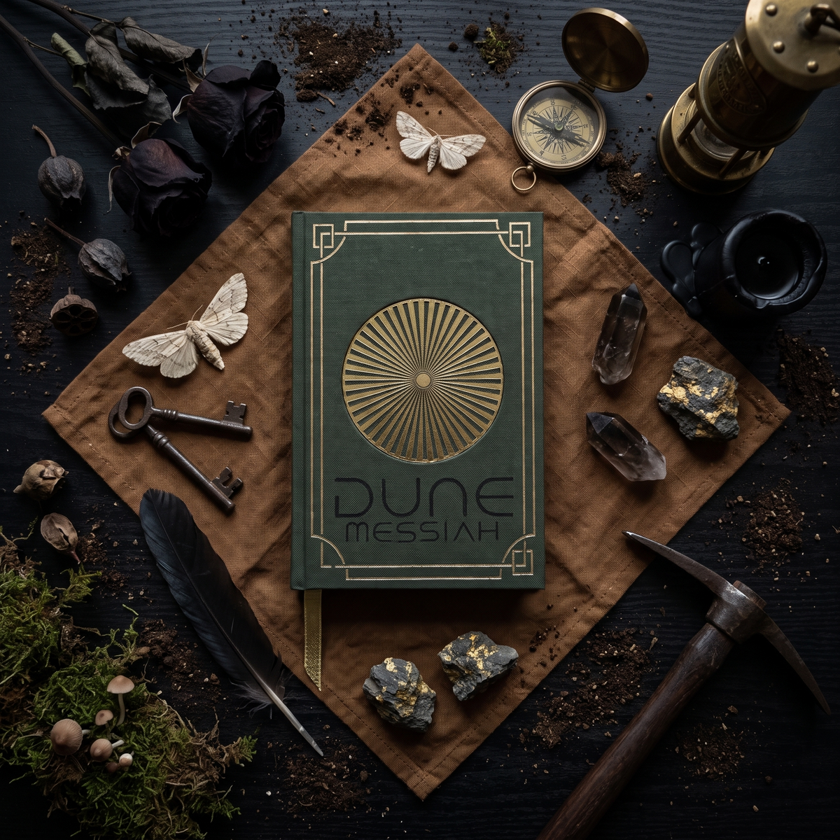 Dune Messiah custom cloth-bound book, overhead flat lay on brown linen