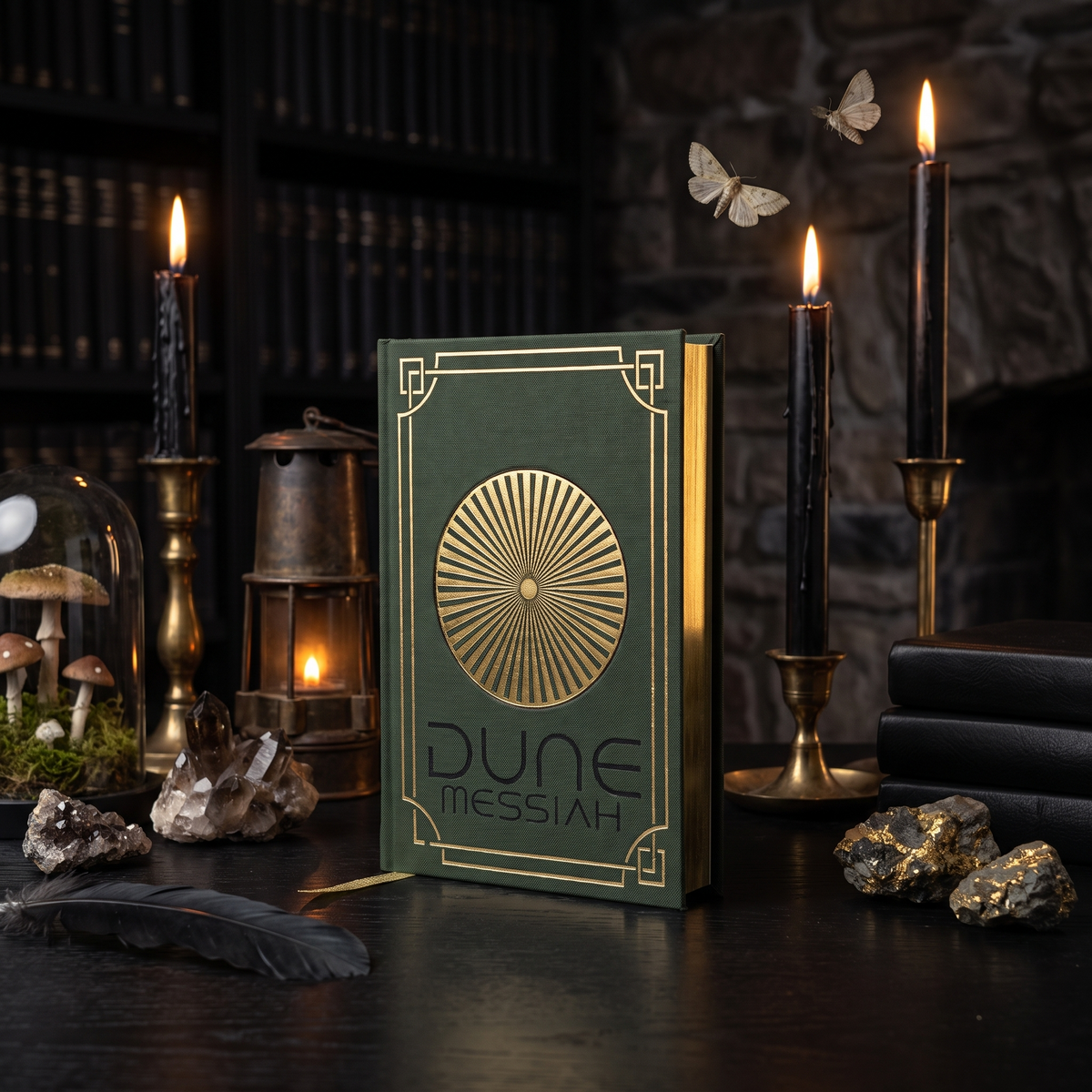 Dune Messiah custom cloth-bound book in dark green with gold foil, standing in a dark candlelit study