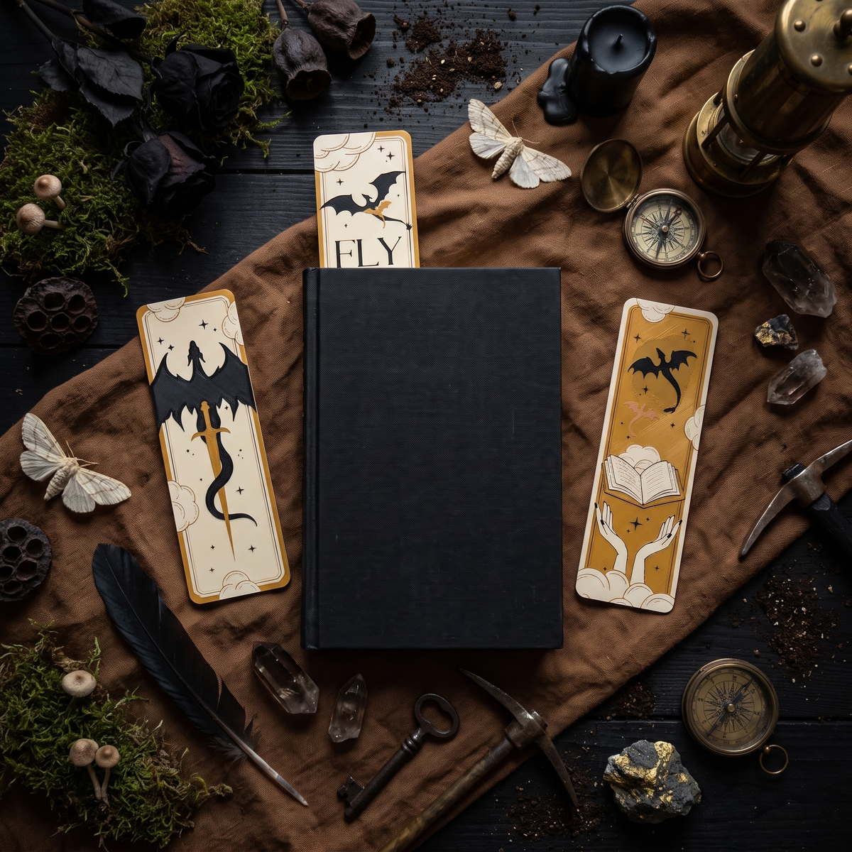 Fourth Wing set of three 3D-printed bookmarks, second flat lay