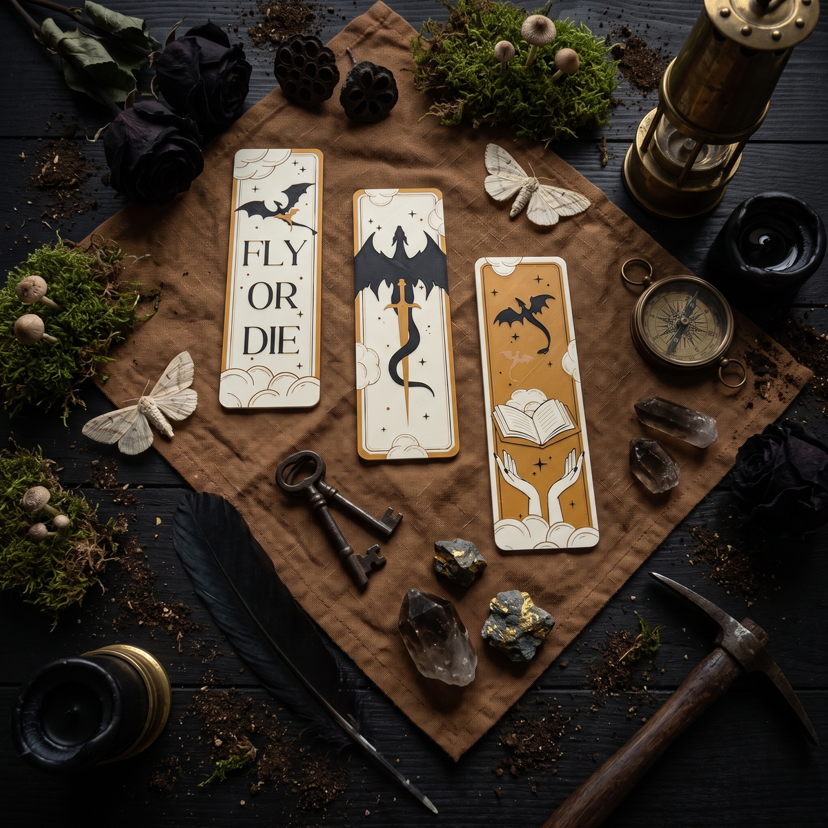 Fourth Wing set of three 3D-printed bookmarks, overhead flat lay