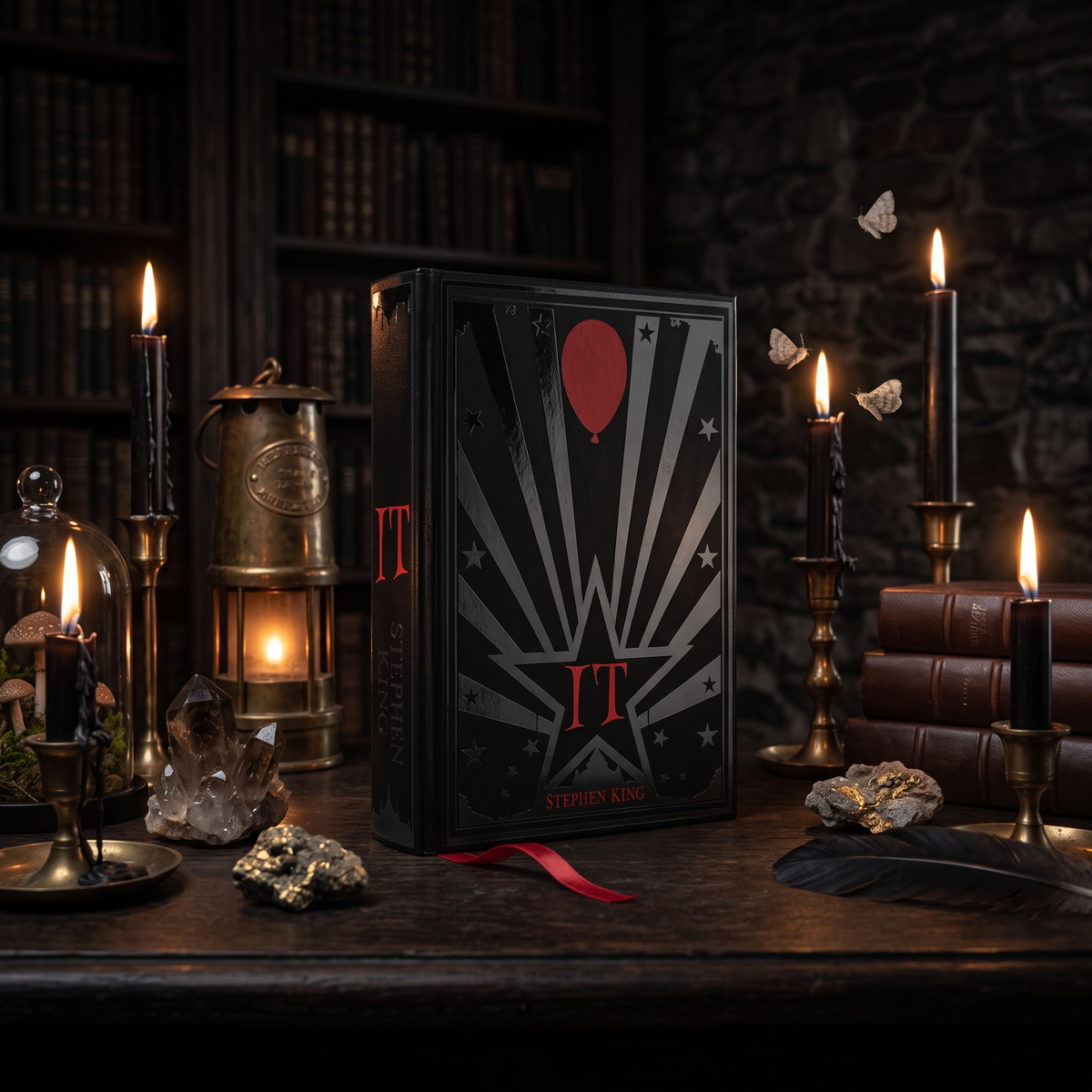 IT custom bound book in black with a red balloon, standing in a dark candlelit study