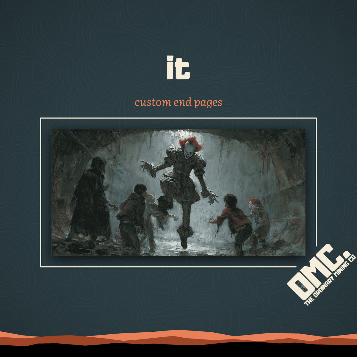 IT custom end pages: a group of children face a looming clown in a dripping sewer tunnel