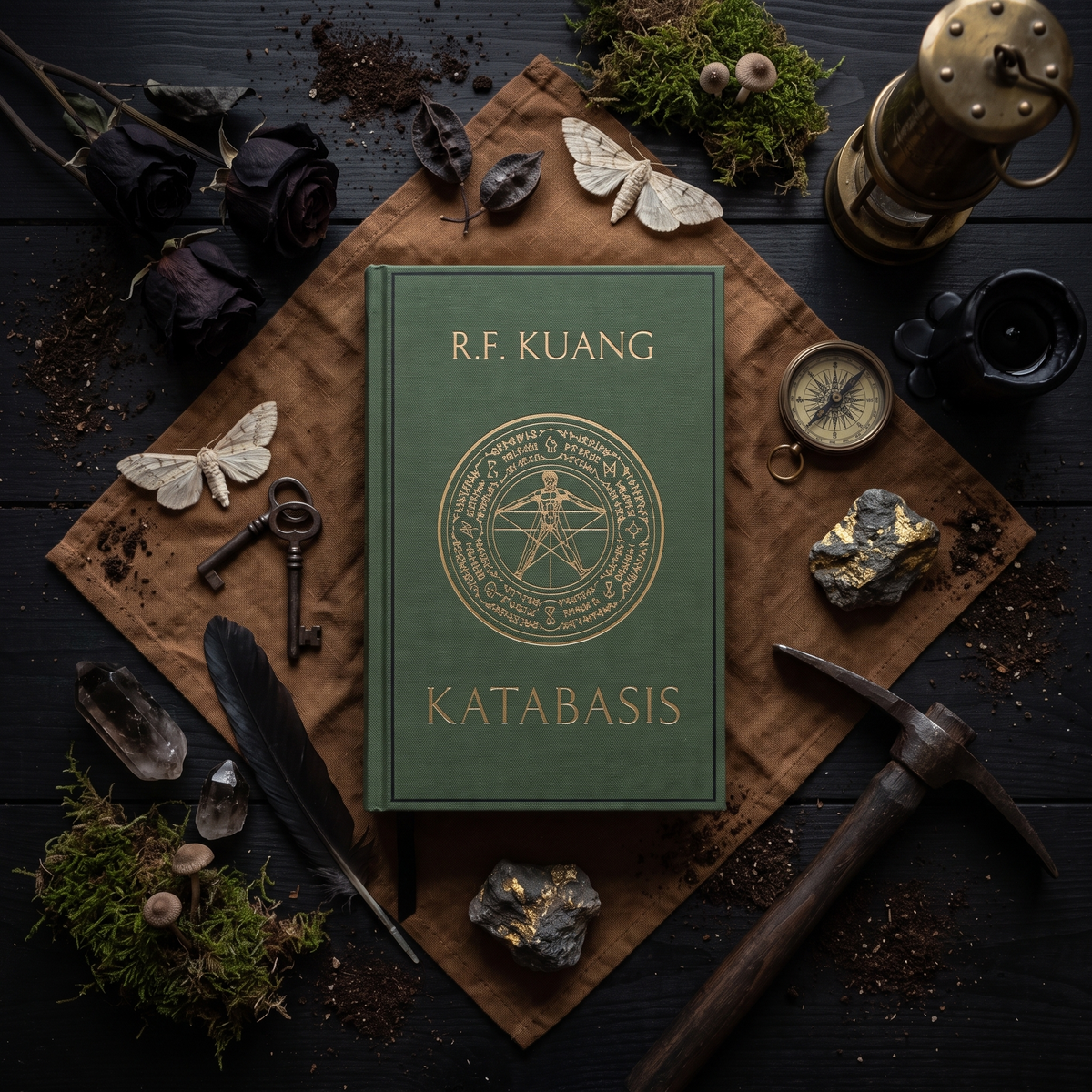 Katabasis custom cloth-bound book, overhead flat lay on brown linen