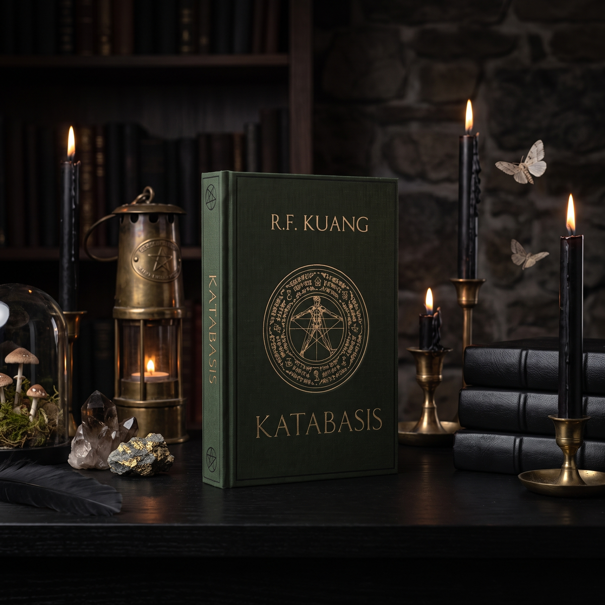 Katabasis custom cloth-bound book in green with gold foil, standing in a dark candlelit study