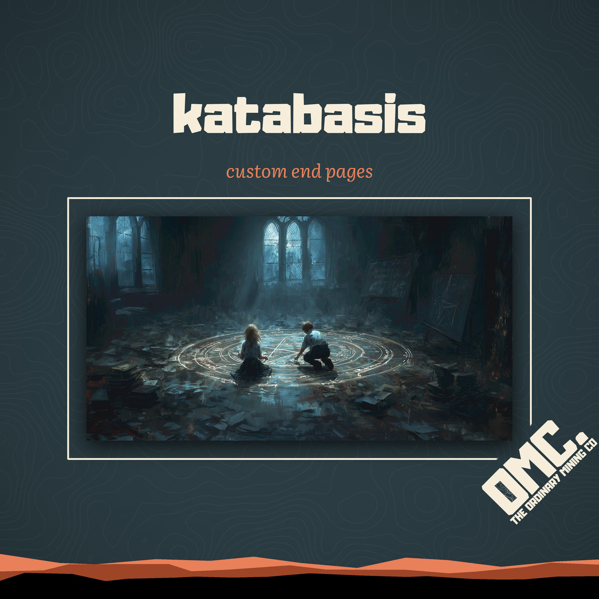 Katabasis custom end pages: two figures kneel inside a glowing chalk pentagram in a ruined, moonlit schoolroom