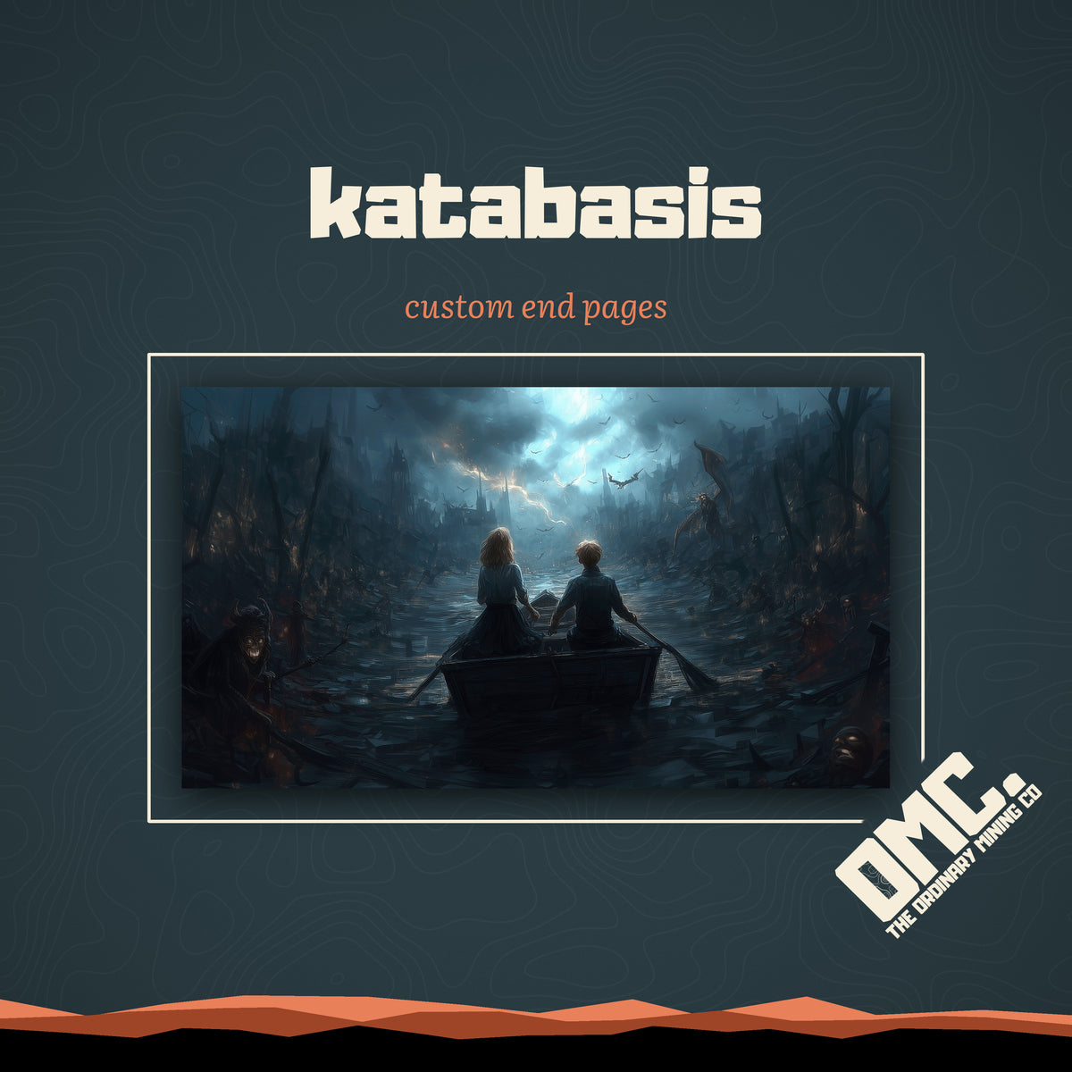 Katabasis custom end pages: two figures row a small boat down a storm-lit underworld river