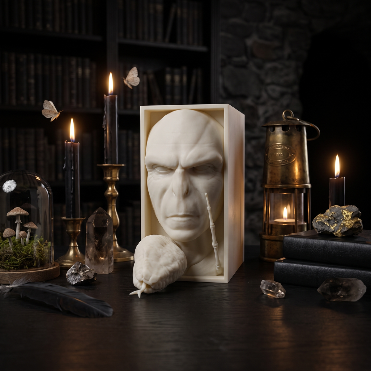 Lord Voldemort 3D-printed book nook in a dark candlelit study
