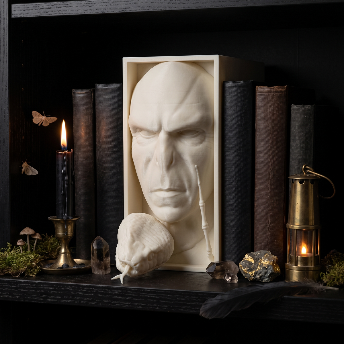 Lord Voldemort 3D-printed book nook between books on a shelf