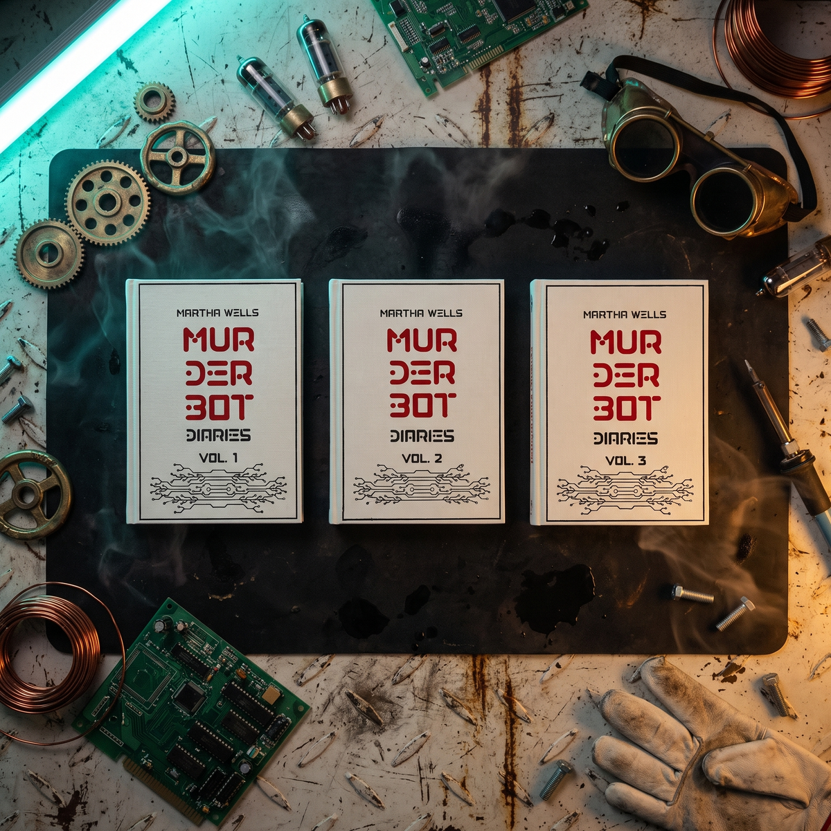Murderbot Diaries Vol 1, 2 and 3 custom cloth-bound books, overhead flat lay