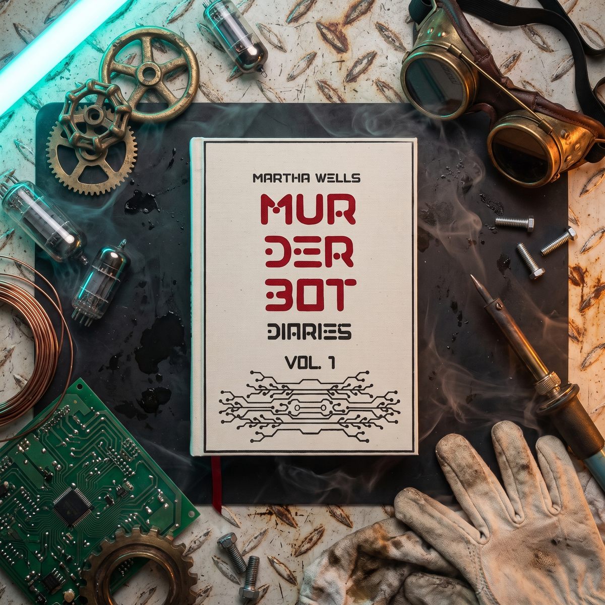 Murderbot Diaries Vol 1 custom cloth-bound book, overhead flat lay on a workshop mat