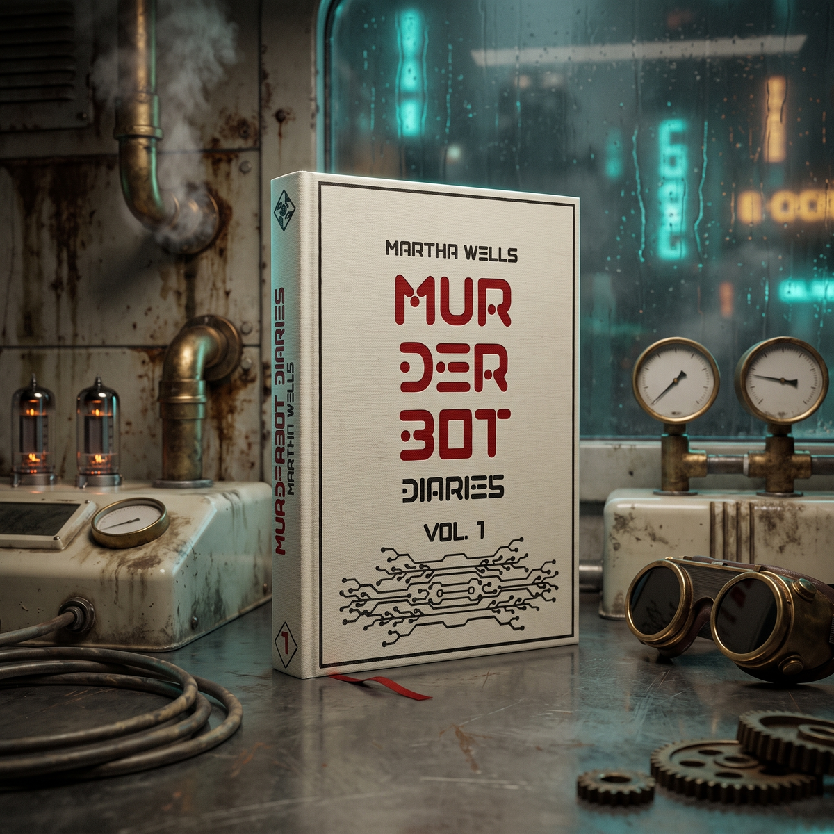 Murderbot Diaries Vol 1 custom cloth-bound book, standing on a gritty sci-fi workbench