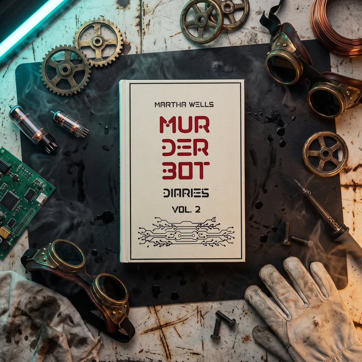 Murderbot Diaries Vol 2 custom cloth-bound book, overhead flat lay on a workshop mat