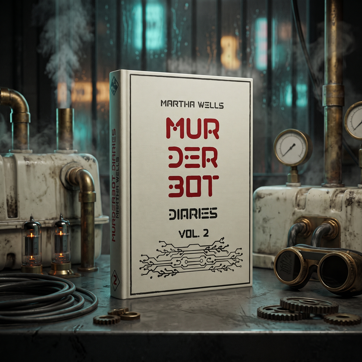 Murderbot Diaries Vol 2 custom cloth-bound book, standing on a gritty sci-fi workbench