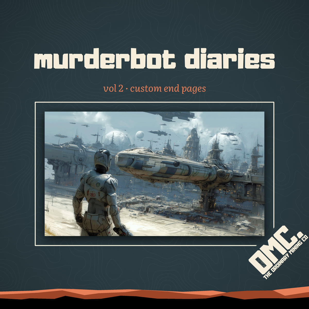 Murderbot Diaries Vol 2 custom end pages: a lone figure watches a transport ship at a busy, misty station