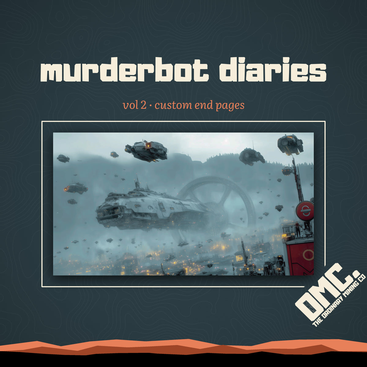 Murderbot Diaries Vol 2 custom end pages: a transport ship crosses a hazy sky above a sprawling industrial station