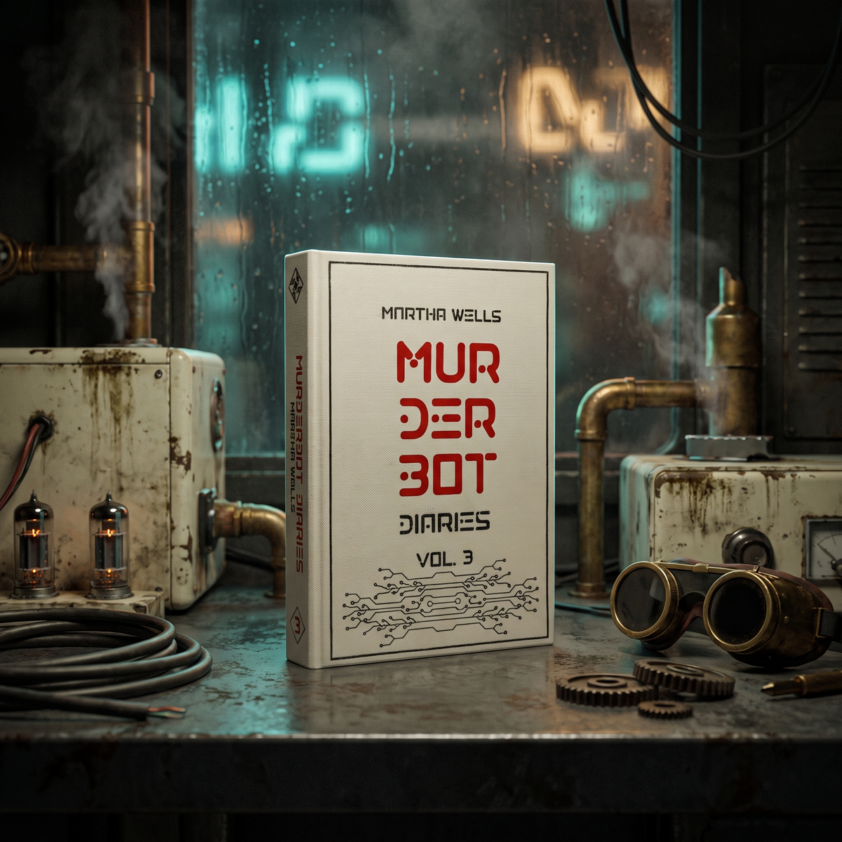 Murderbot Diaries Vol 3 custom cloth-bound book, standing on a gritty sci-fi workbench