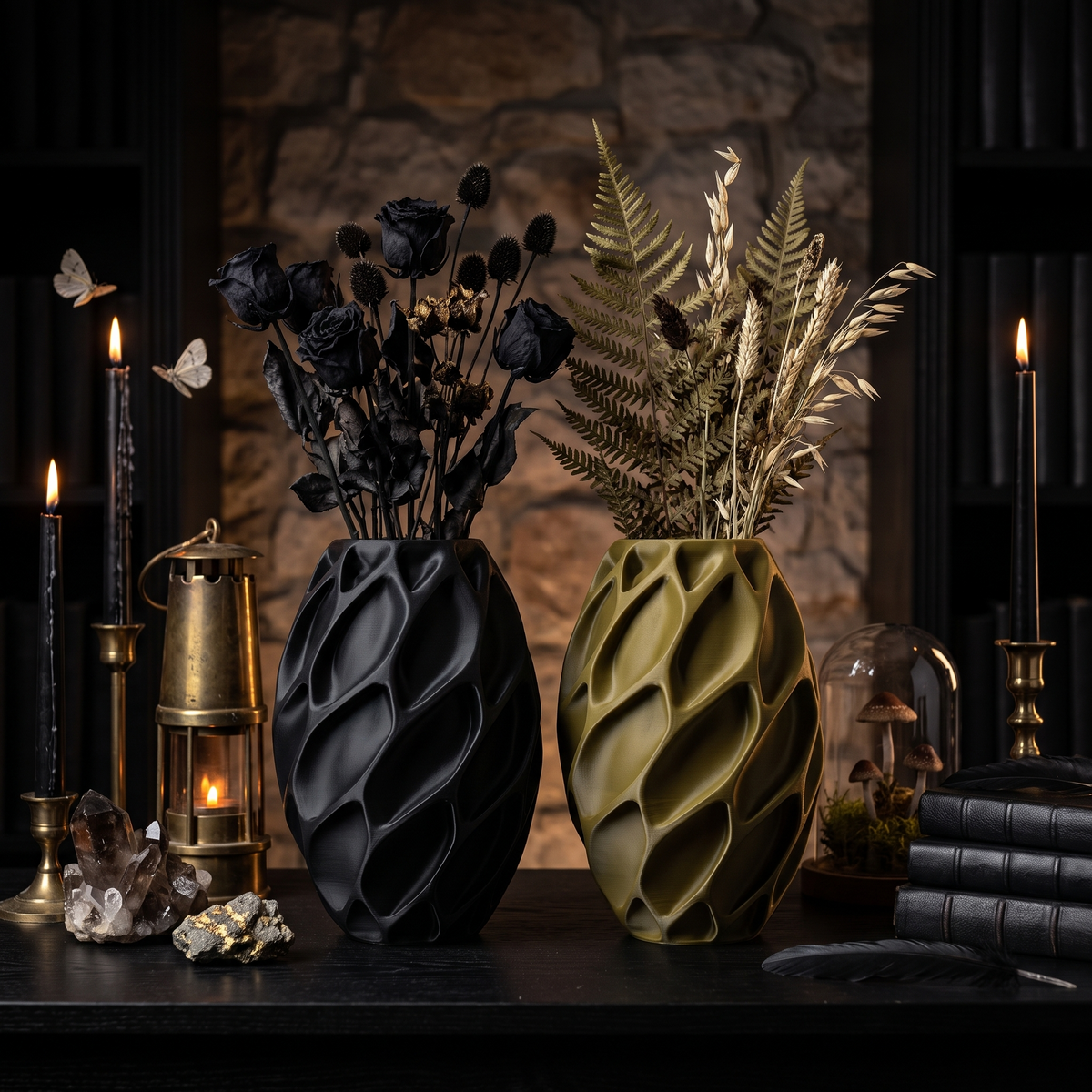 Orelite 3D-printed vases in black and bronze styled with dried flowers