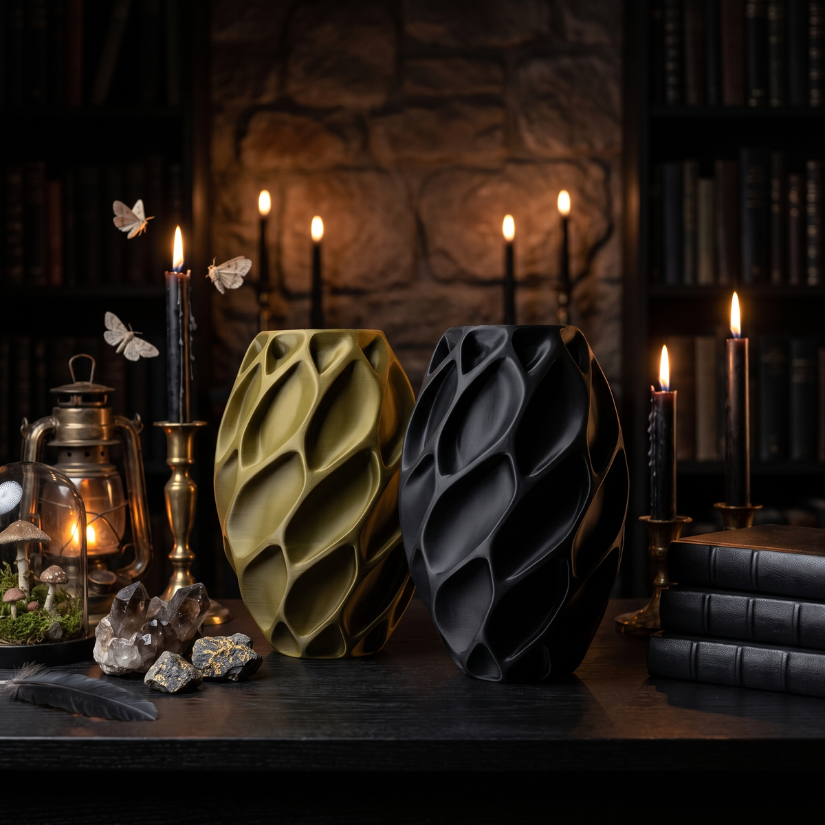 Orelite 3D-printed vases in black and bronze in a dark candlelit study