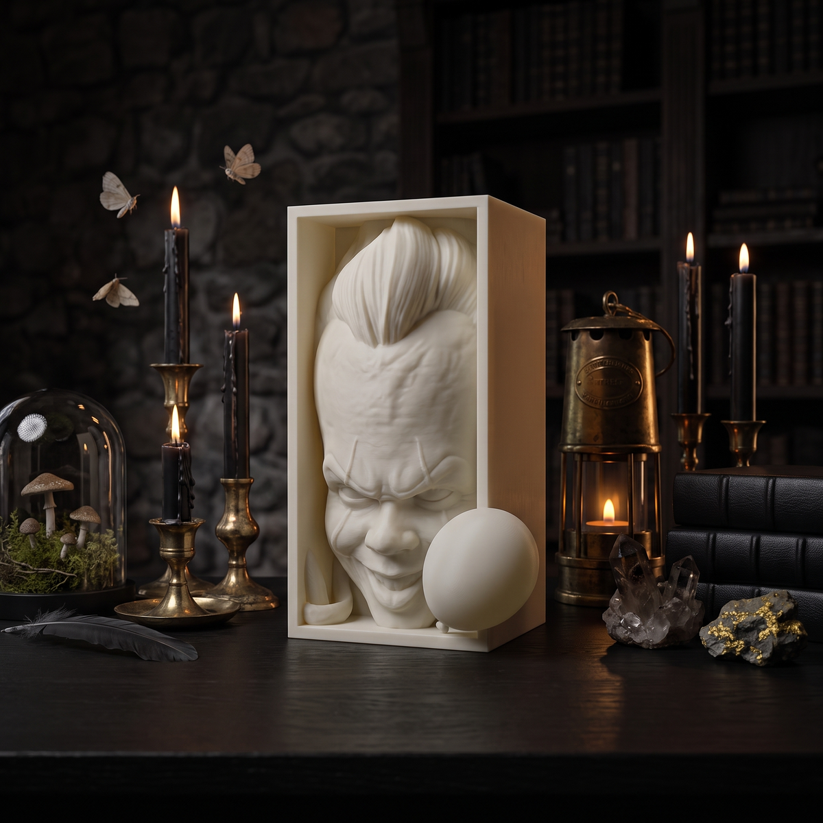 Pennywise 3D-printed book nook in a dark candlelit study