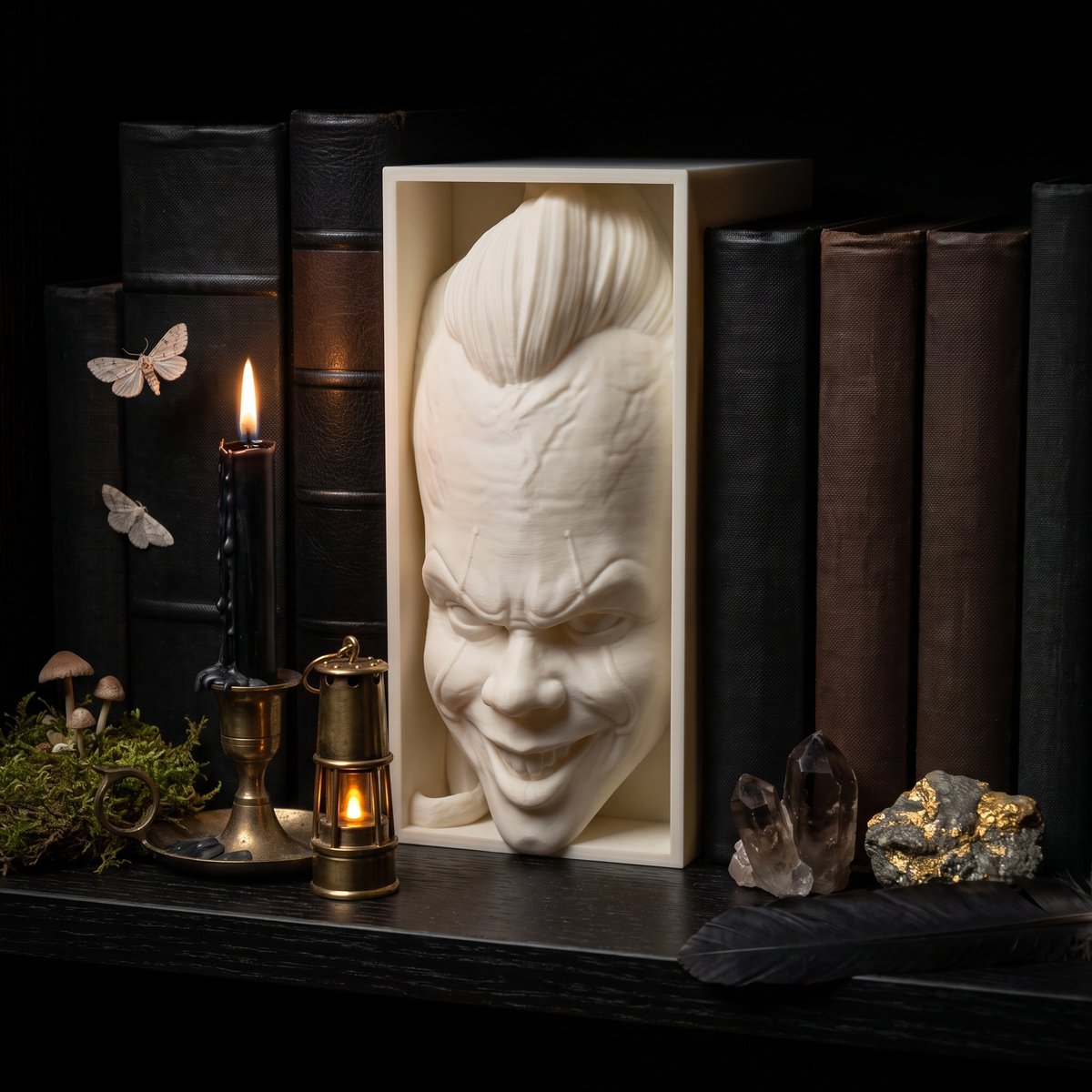 Pennywise 3D-printed book nook between books on a shelf