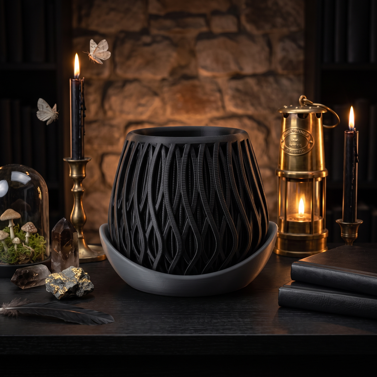 Small 3D-printed ribbed planter in matt black