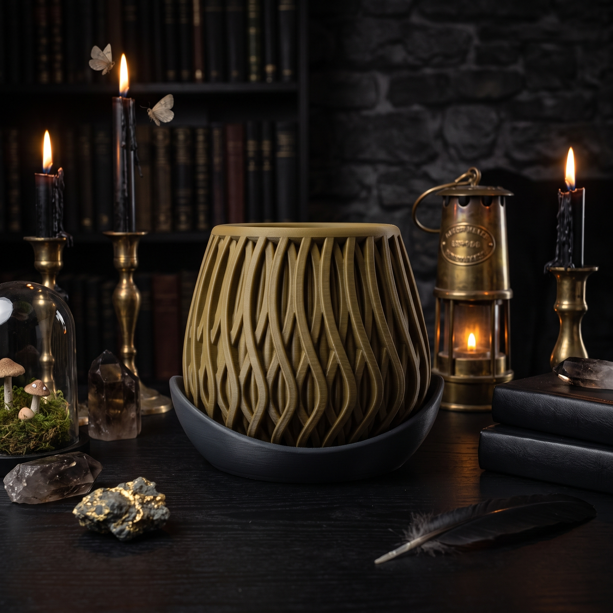 Small 3D-printed ribbed planter in olive-gold brown